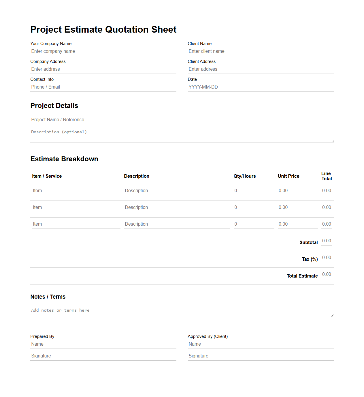 Customizable Project Estimate Quotation Sheet