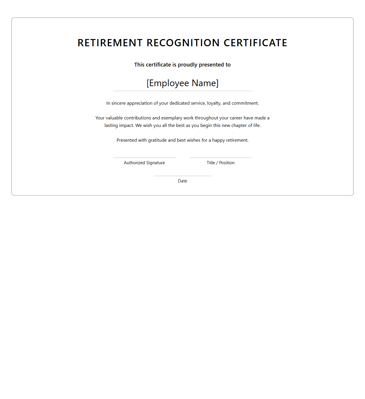Customizable Retirement Recognition Certificate
