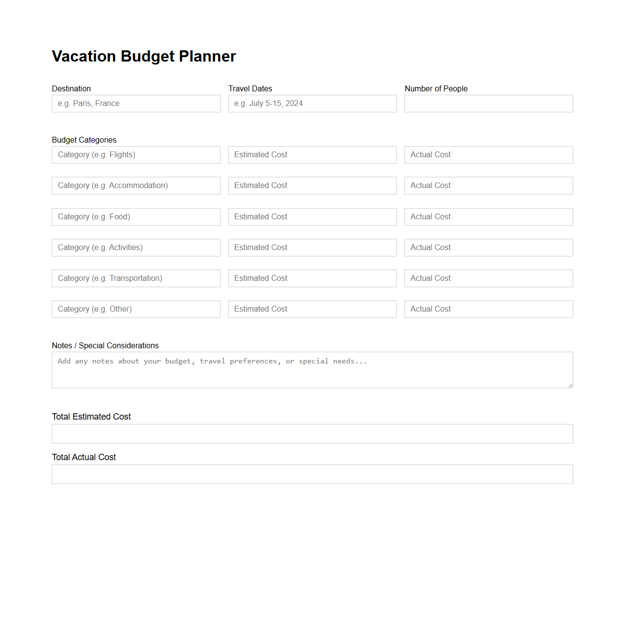 Customizable Vacation Budget Planning Form
