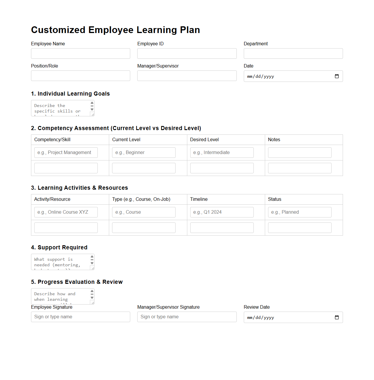 Customized Employee Learning Plan Template