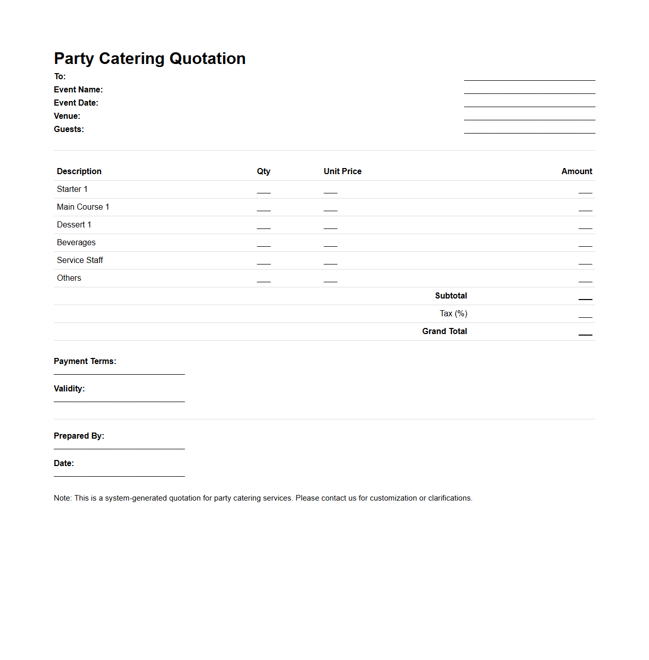 Customized Party Catering Quotation Format for Event Management