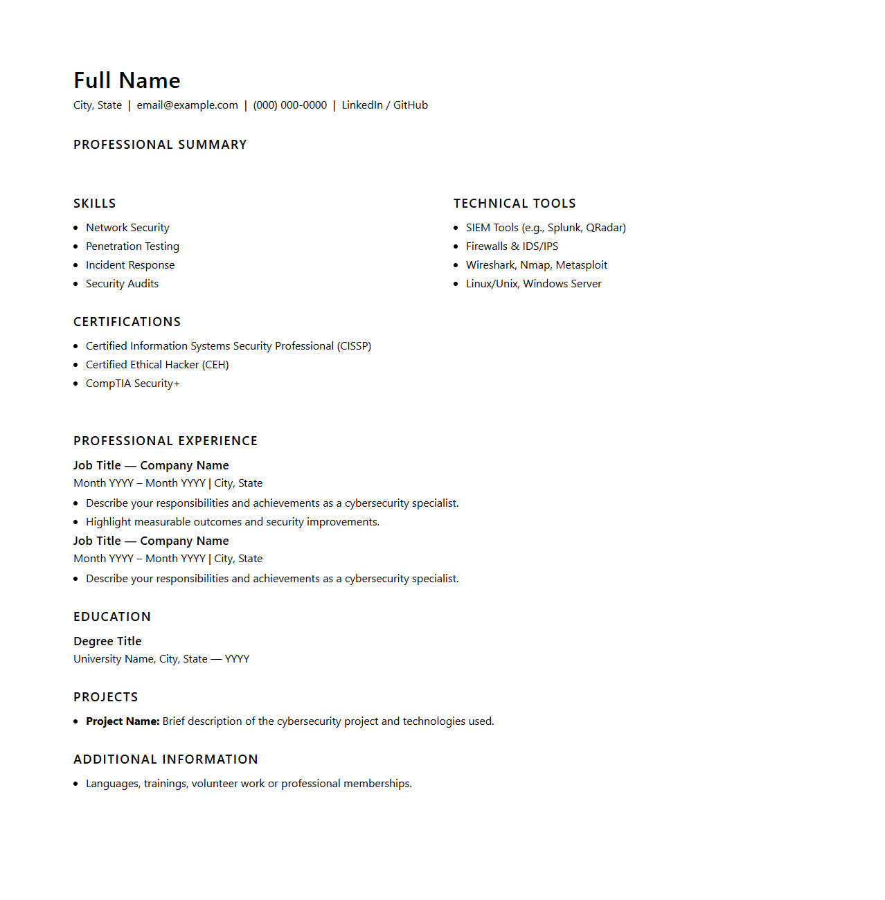 Cybersecurity Specialist Blank Resume Template