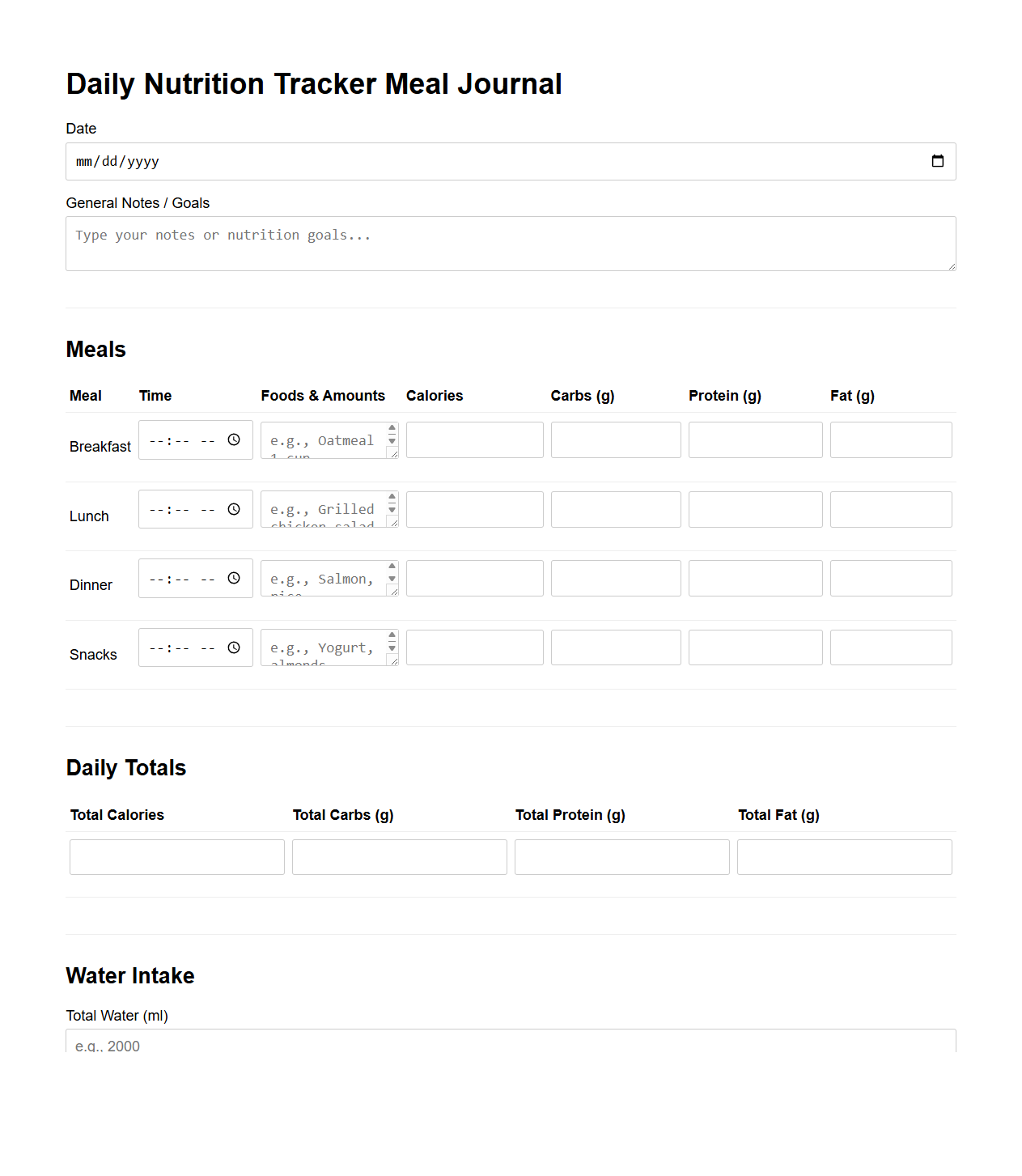 Daily Nutrition Tracker Meal Journal