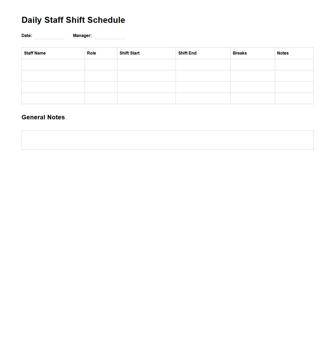 Daily Staff Shift Schedule Template for Managers