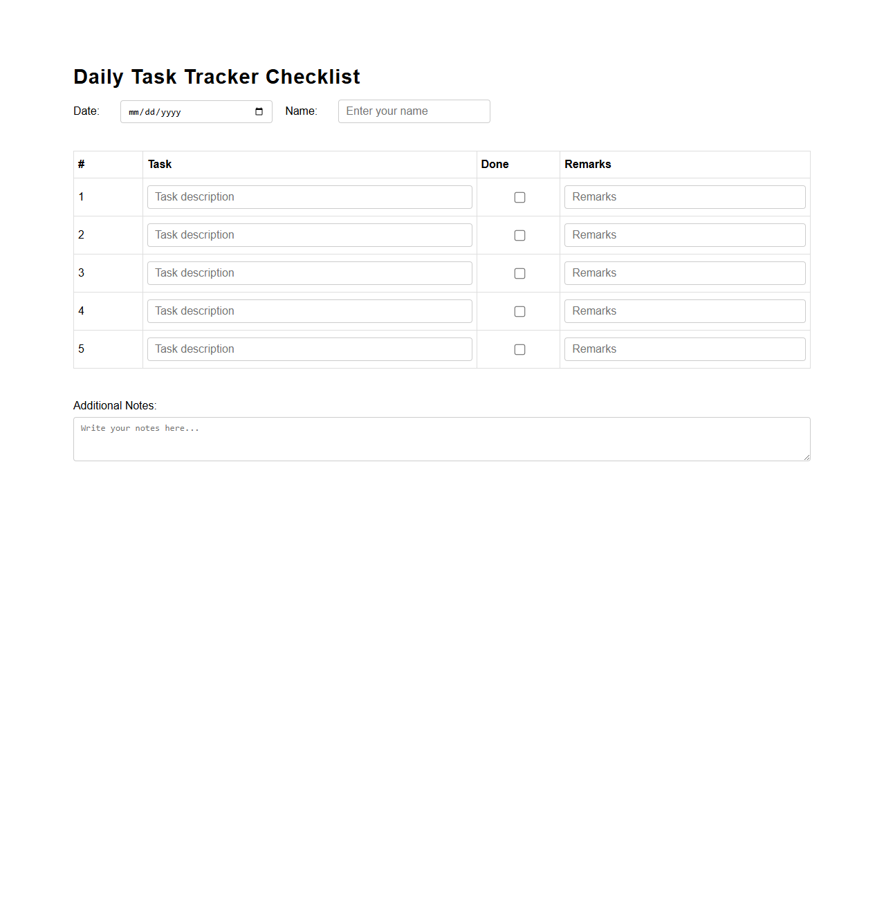 Daily Task Tracker Checklist Form