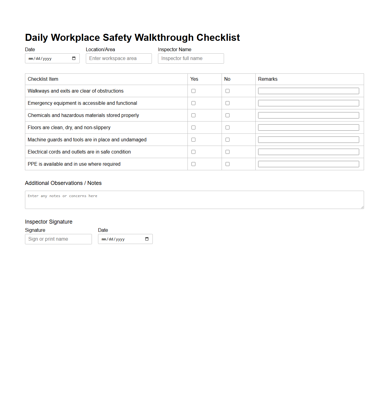 Daily Workplace Safety Walkthrough Checklist