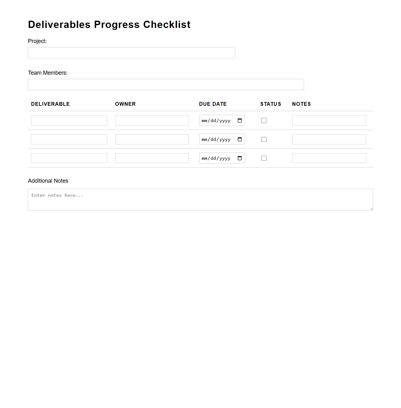 Deliverables Progress Checklist for Team Projects