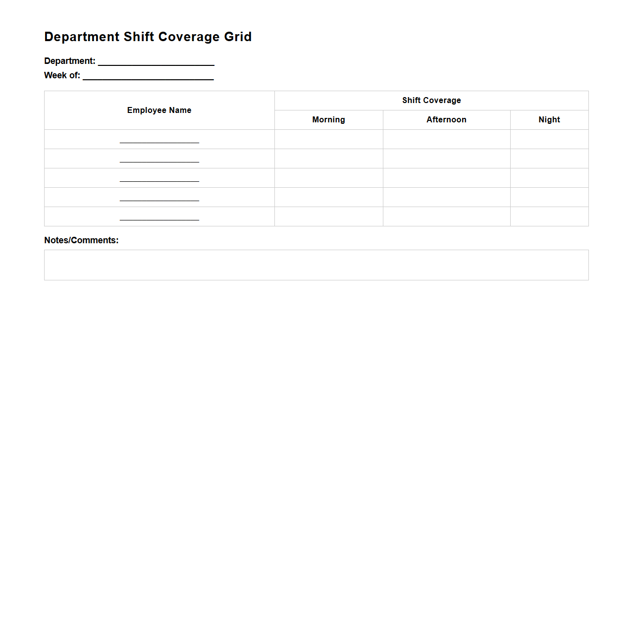 Department Shift Coverage Grid for Scheduling