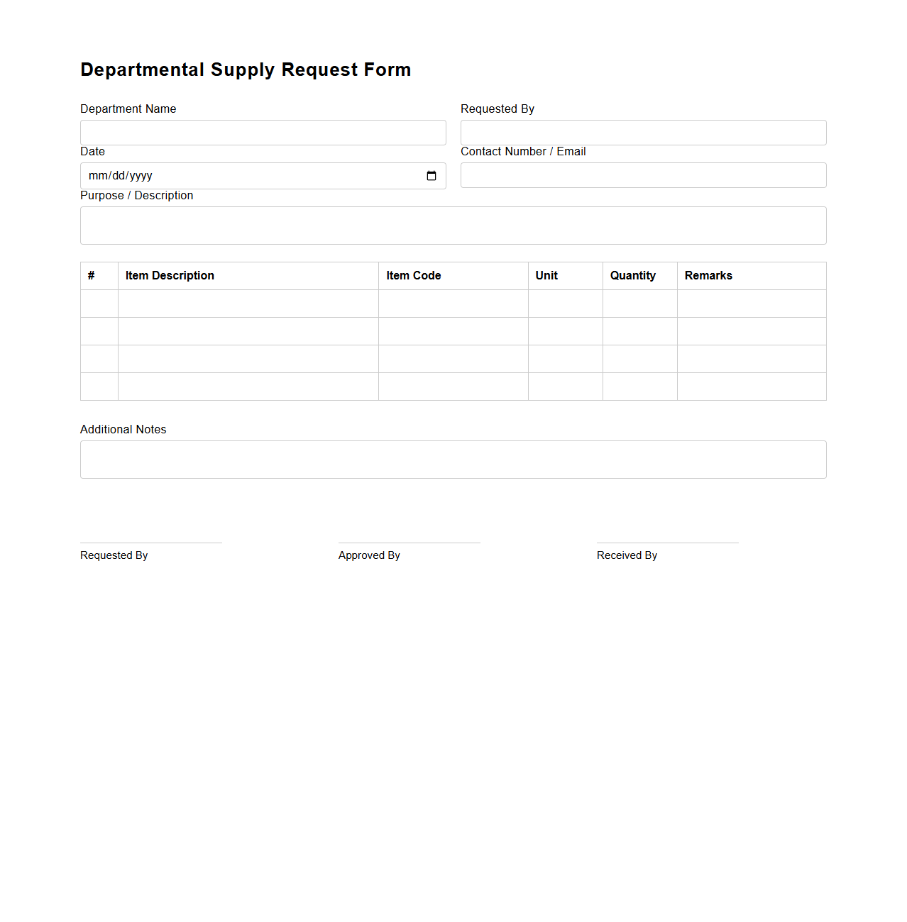 Departmental Supply Request Form for Inventory Use