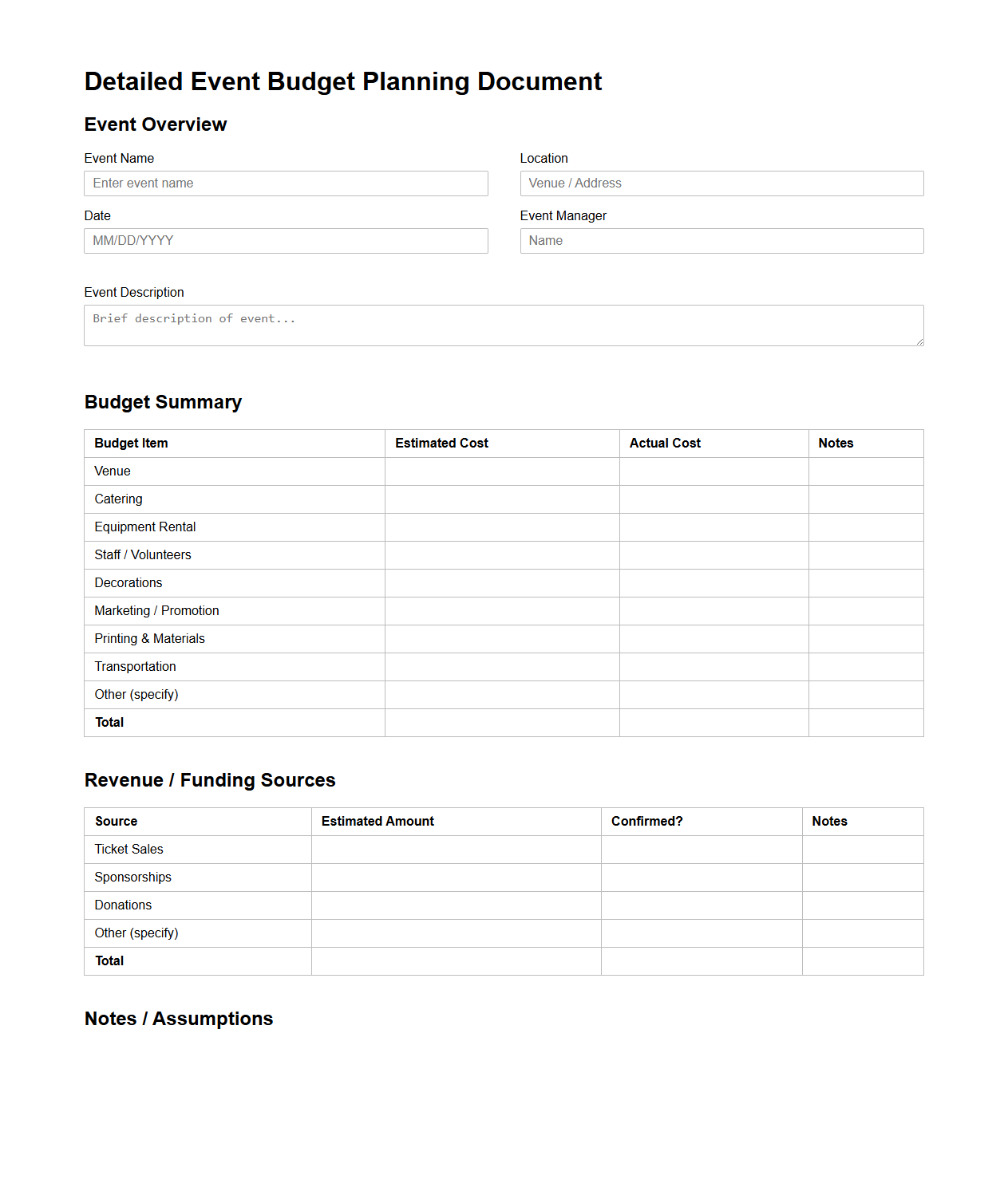 Detailed Event Budget Planning Document