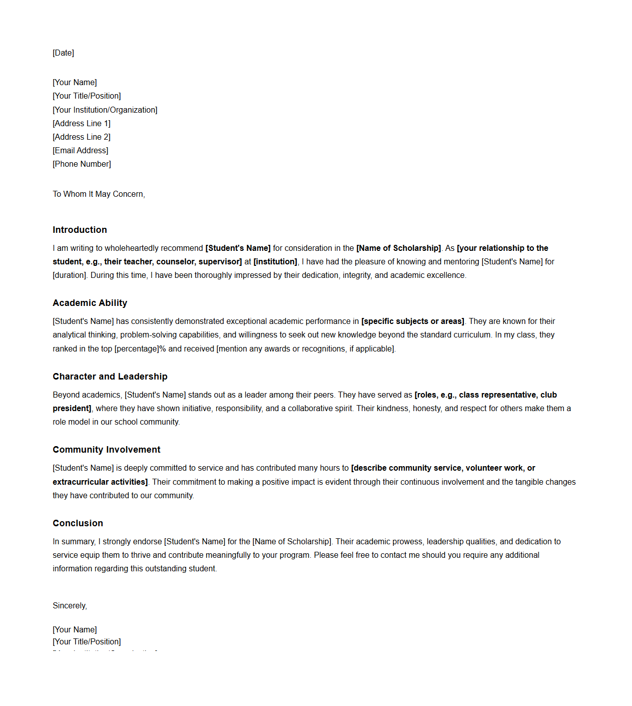 Detailed Reference Letter Template for Scholarship