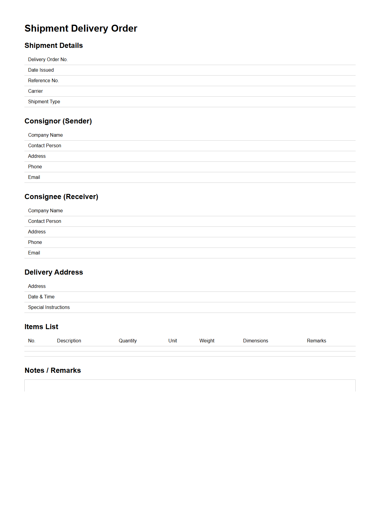 Detailed Shipment Delivery Order Template