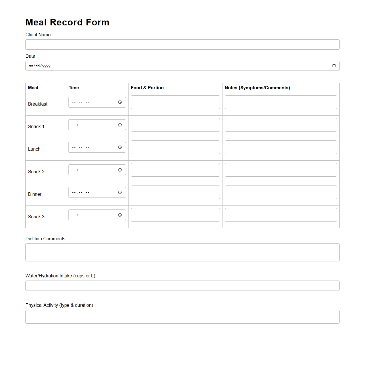 Dietitian-Recommended Meal Record Form