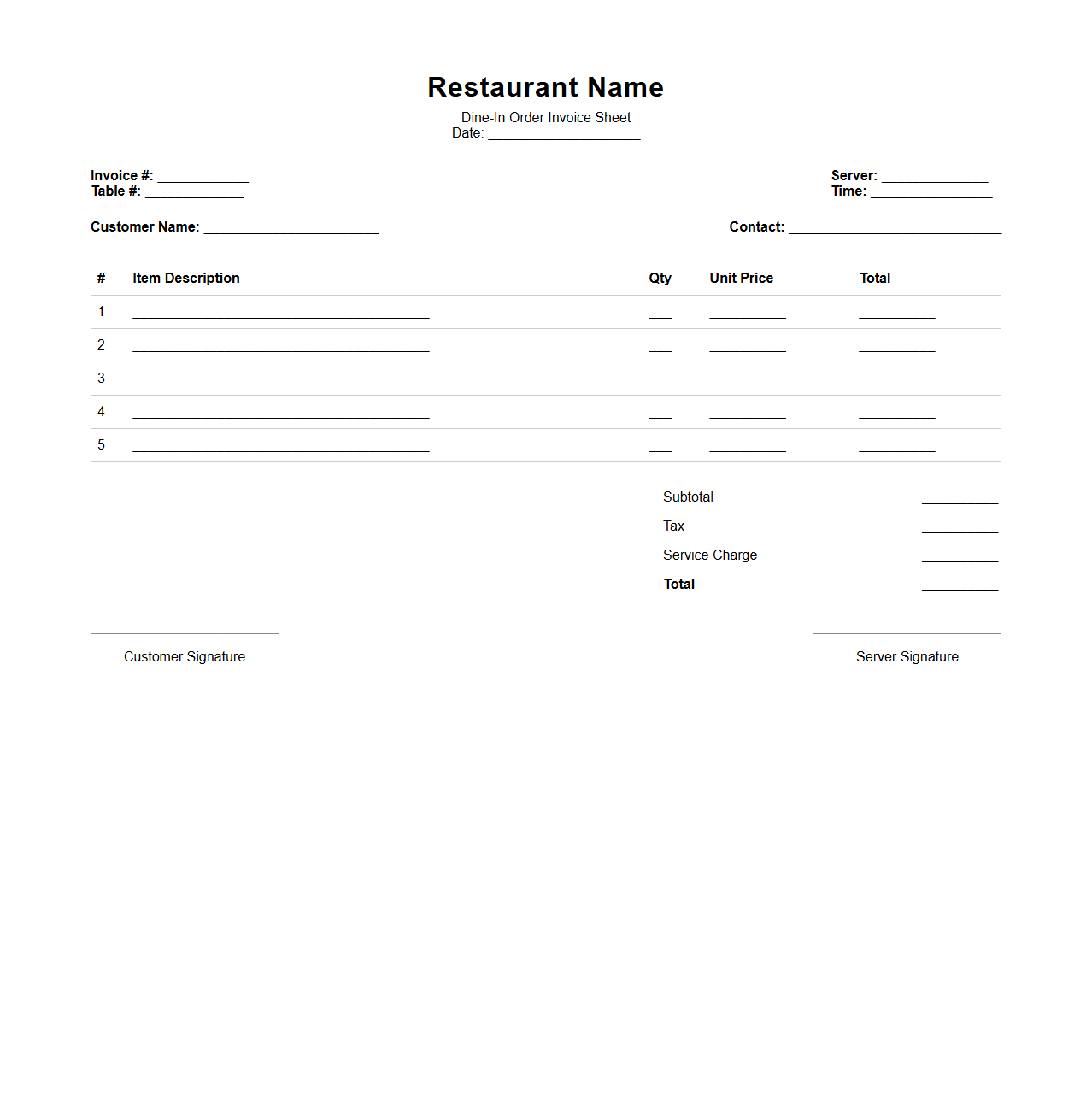Dine-In Order Invoice Sheet