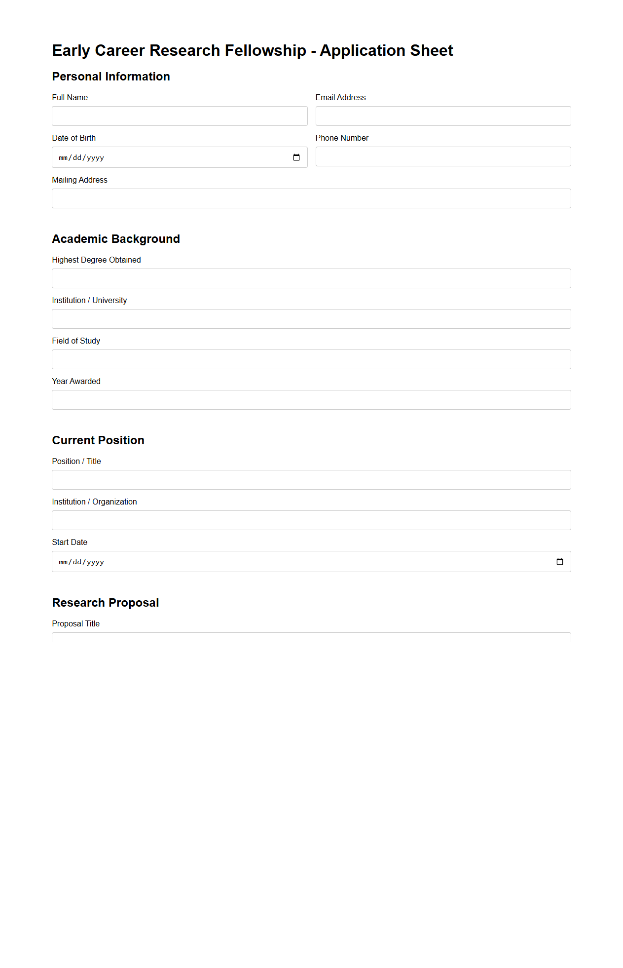 Early Career Research Fellowship Blank Application Sheet