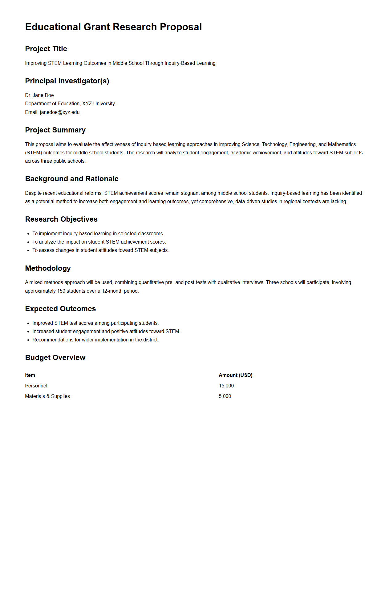 Educational Grant Research Proposal Sample