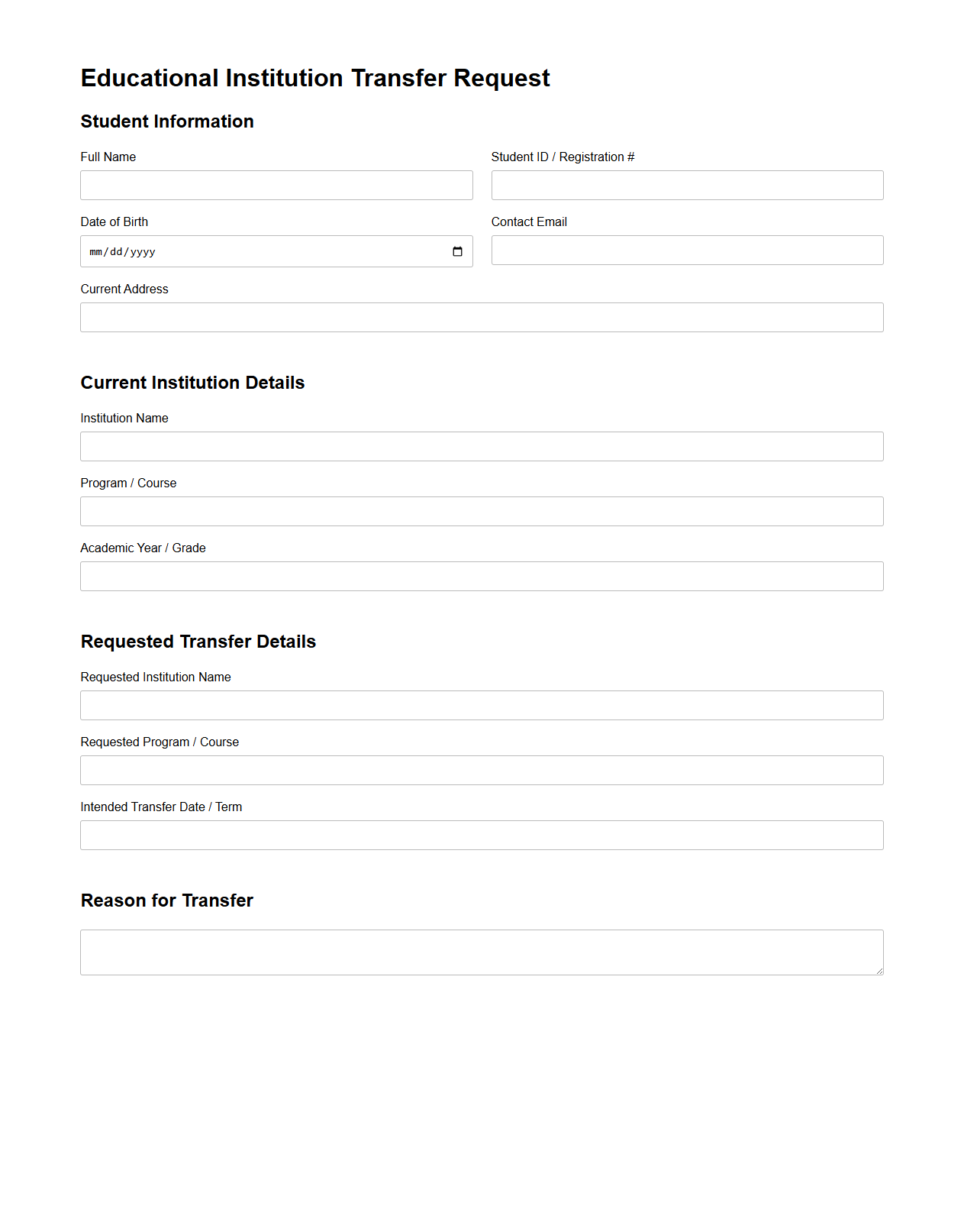 Educational Institution Transfer Request Template