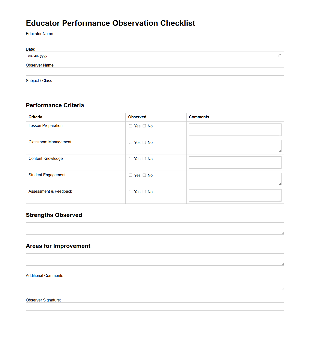 Educator Performance Observation Checklist