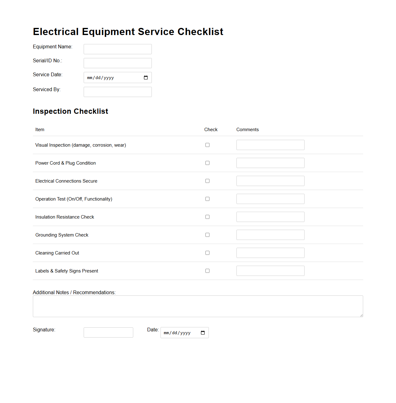Electrical Equipment Service Checklist