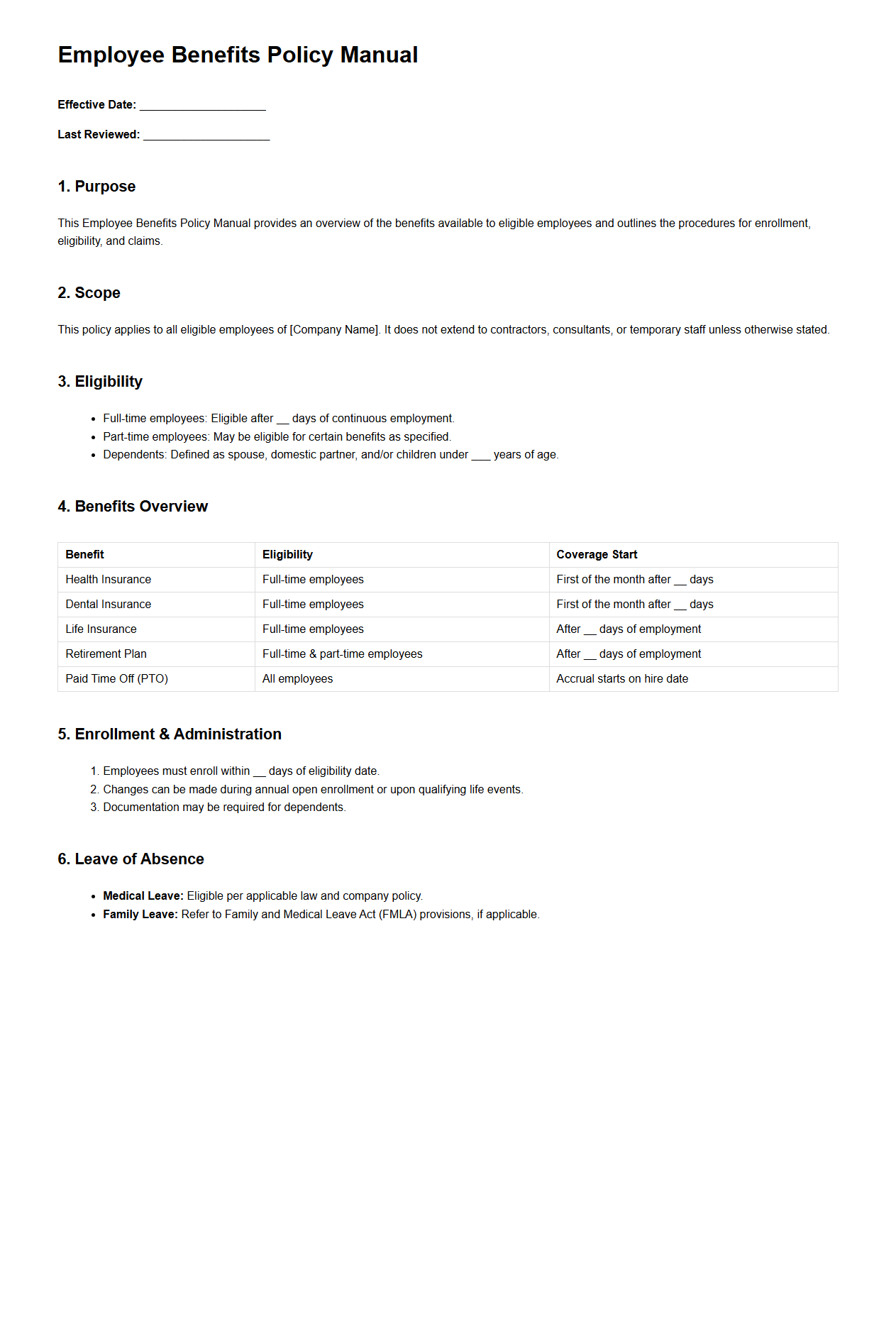 Employee Benefits Policy Manual Template