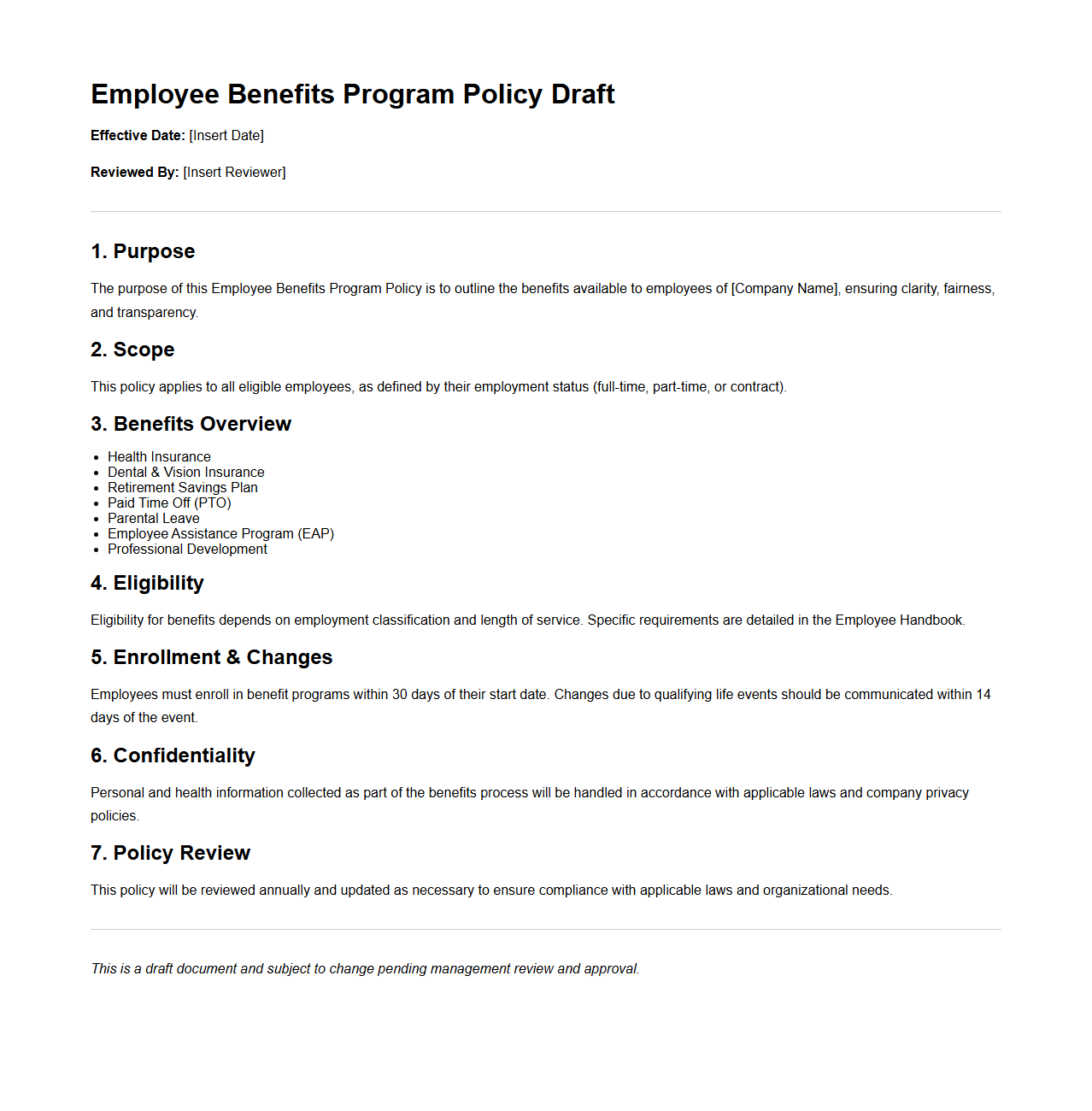 Employee Benefits Program Policy Draft
