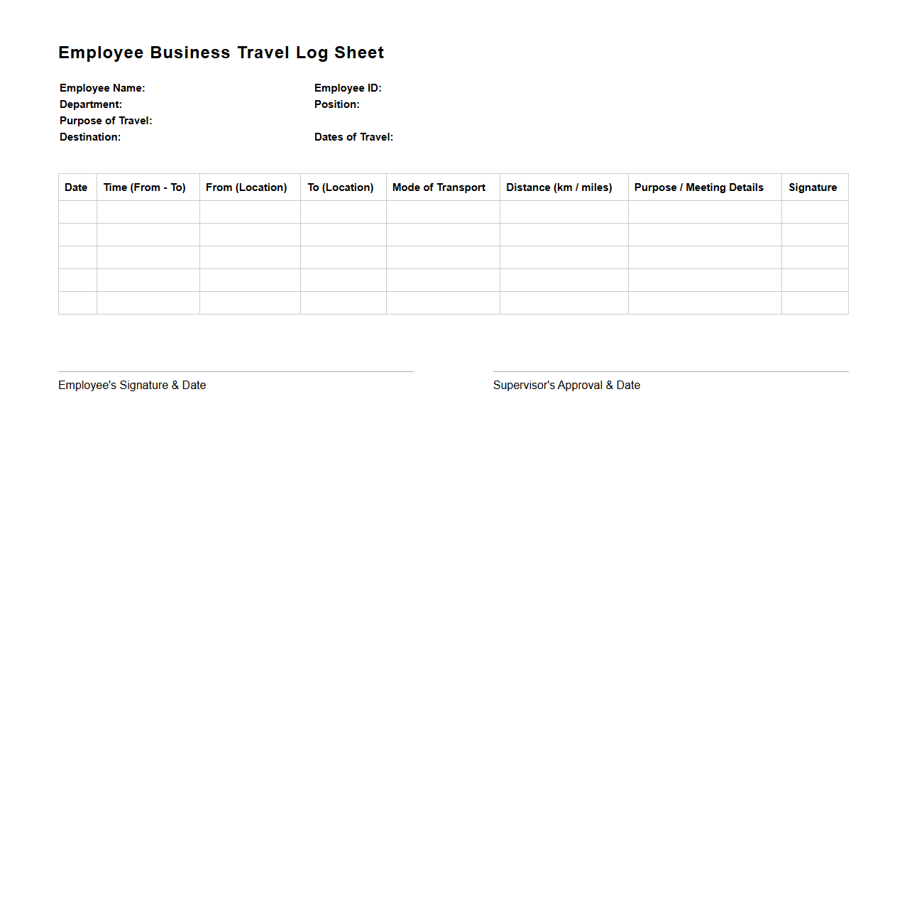 Employee Business Travel Log Sheet