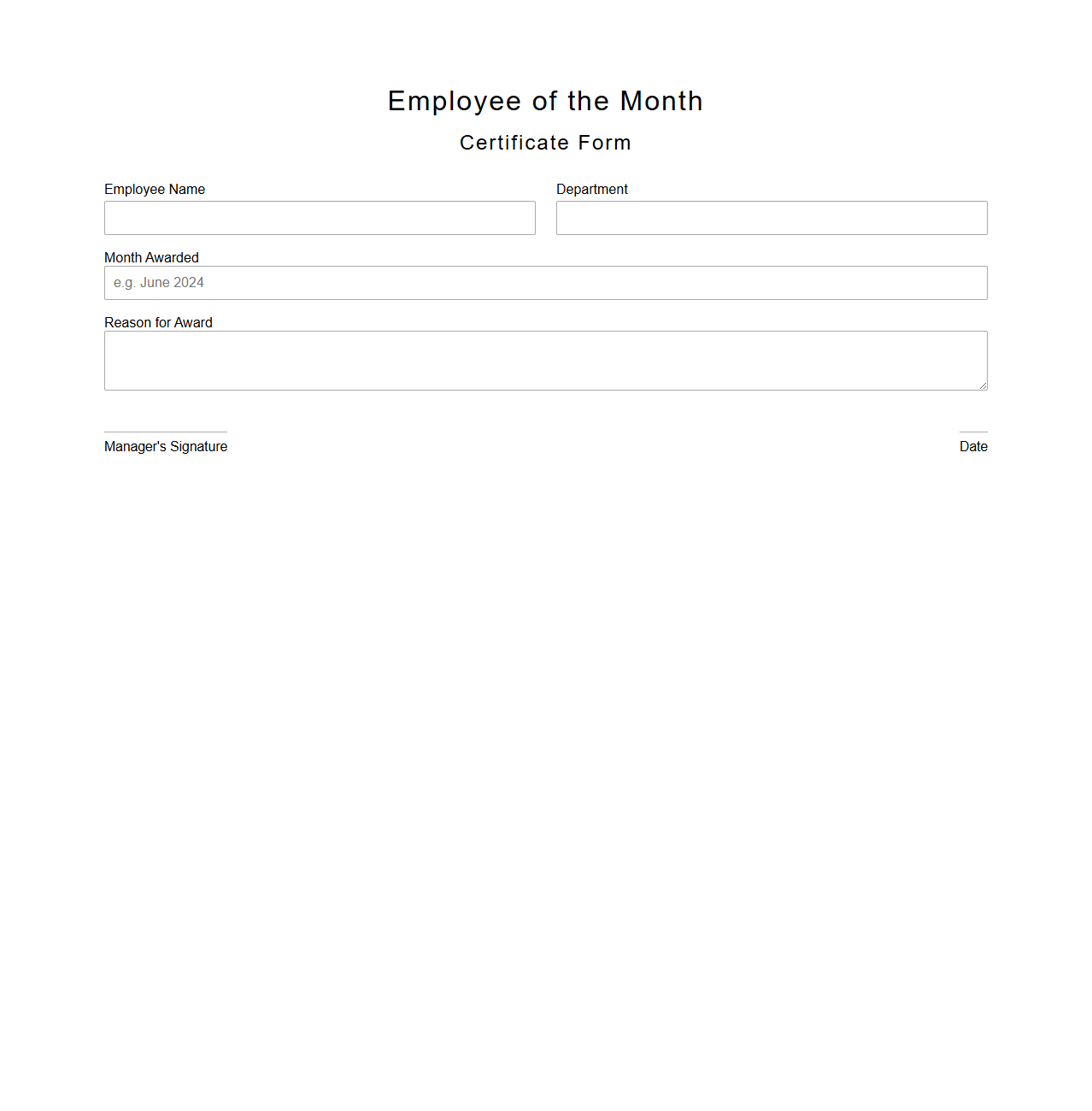 Employee of the Month Certificate Form
