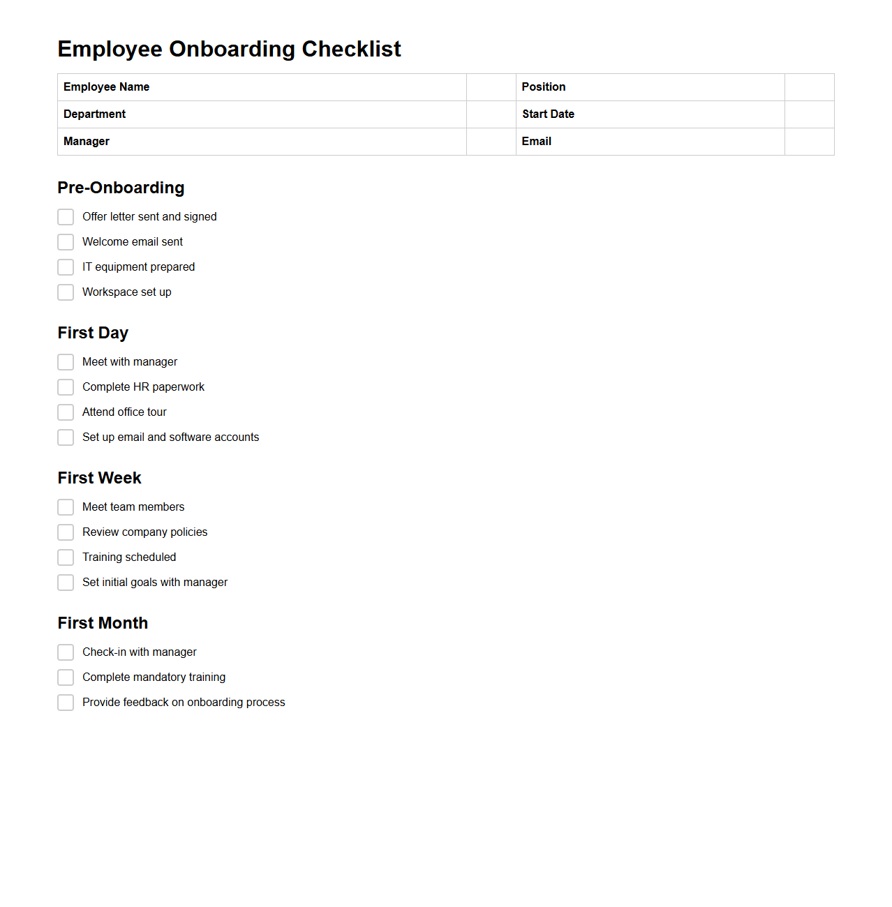 Employee Onboarding Checklist Template