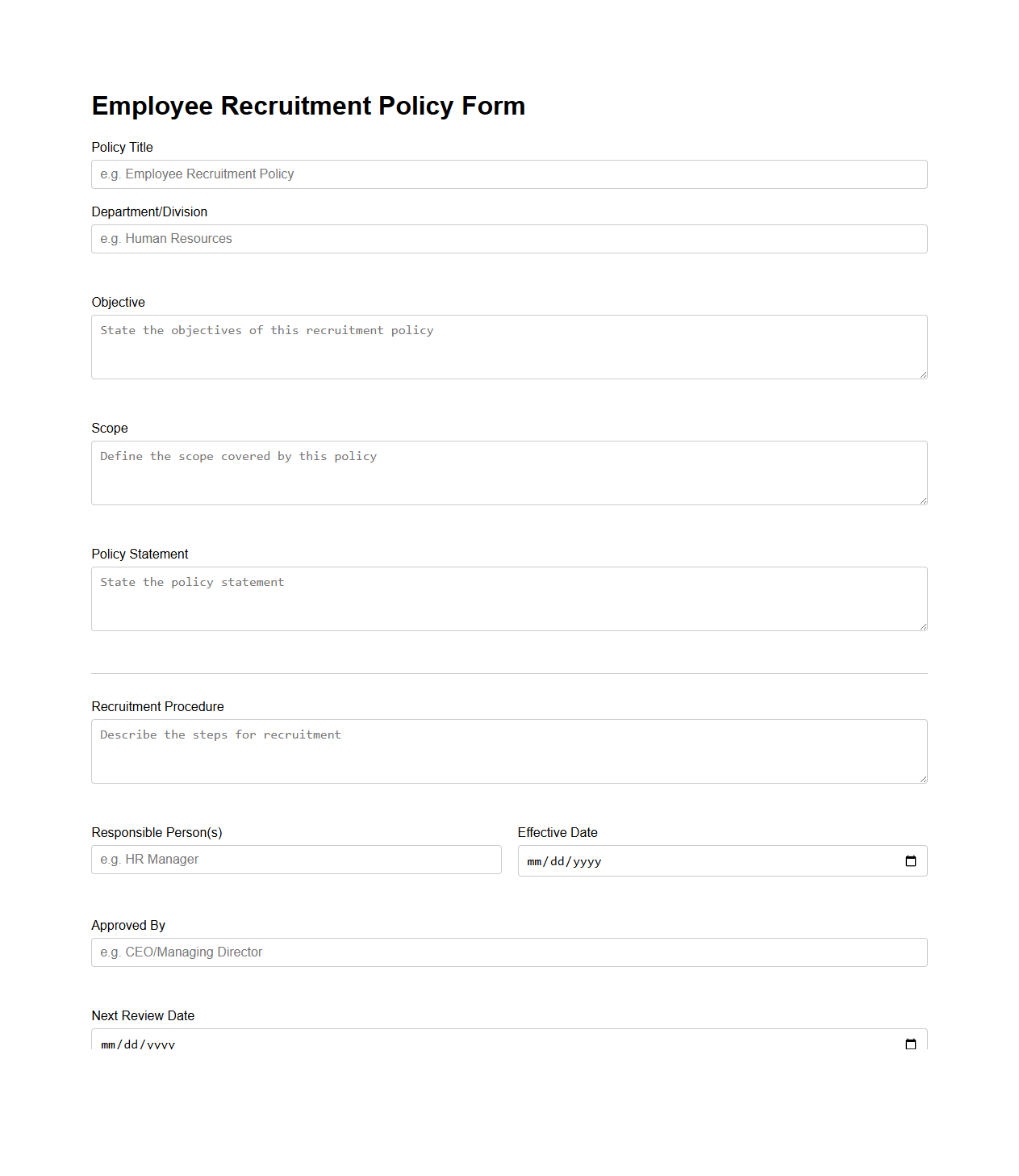 Employee Recruitment Policy Form