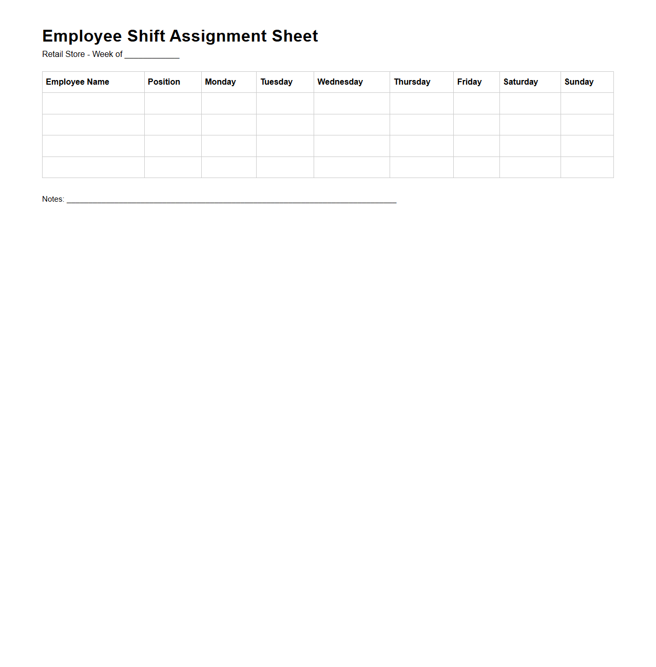 Employee Shift Assignment Sheet for Retail Stores