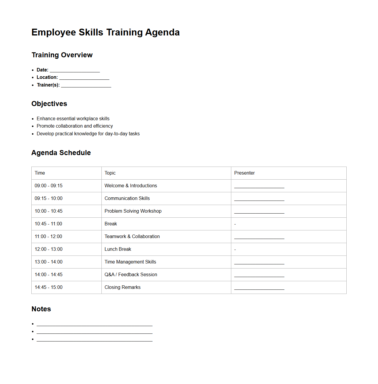 Employee Skills Training Agenda