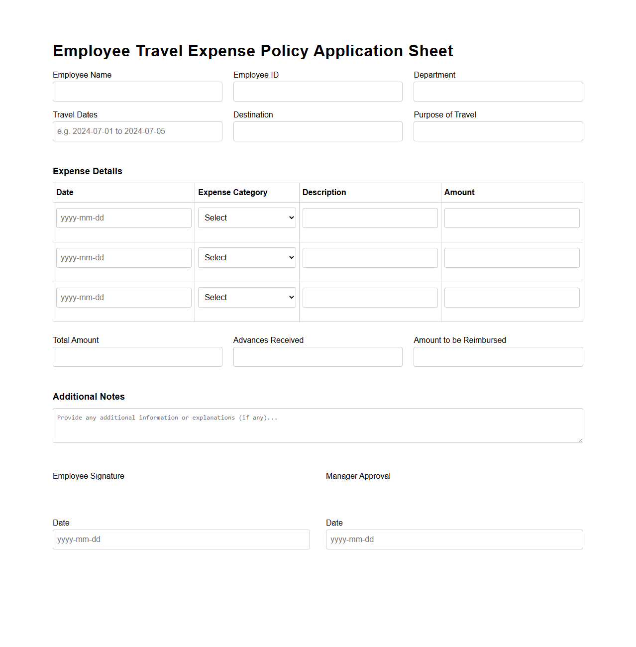 Employee Travel Expense Policy Application Sheet