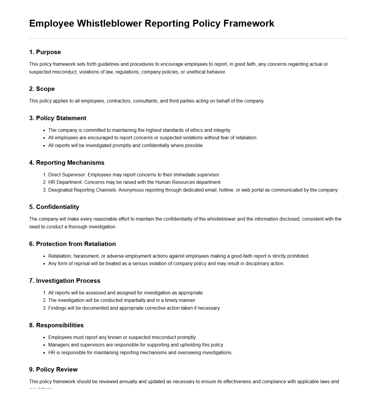 Employee Whistleblower Reporting Policy Framework