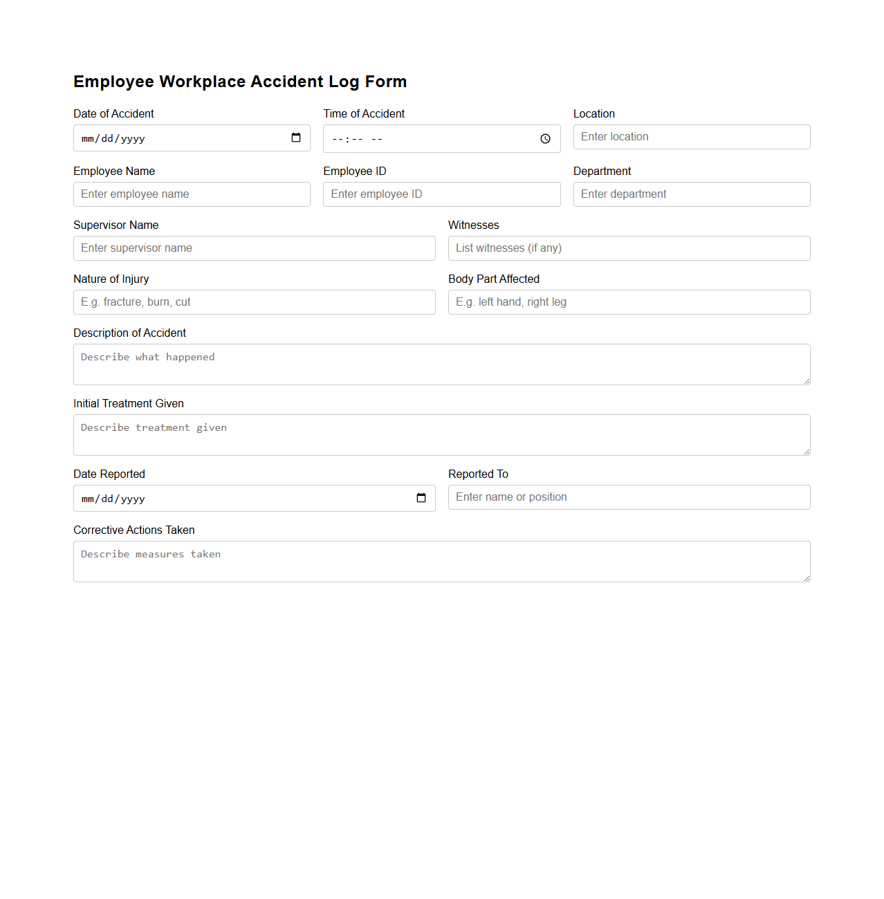 Employee Workplace Accident Log Form