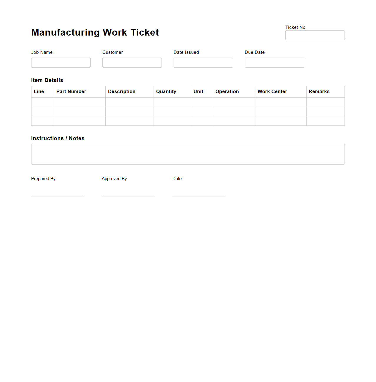 Empty Manufacturing Work Ticket Template