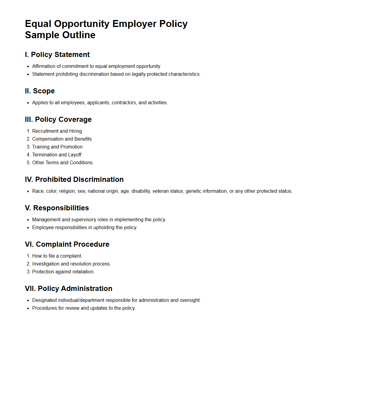 Equal Opportunity Employer Policy Sample Outline