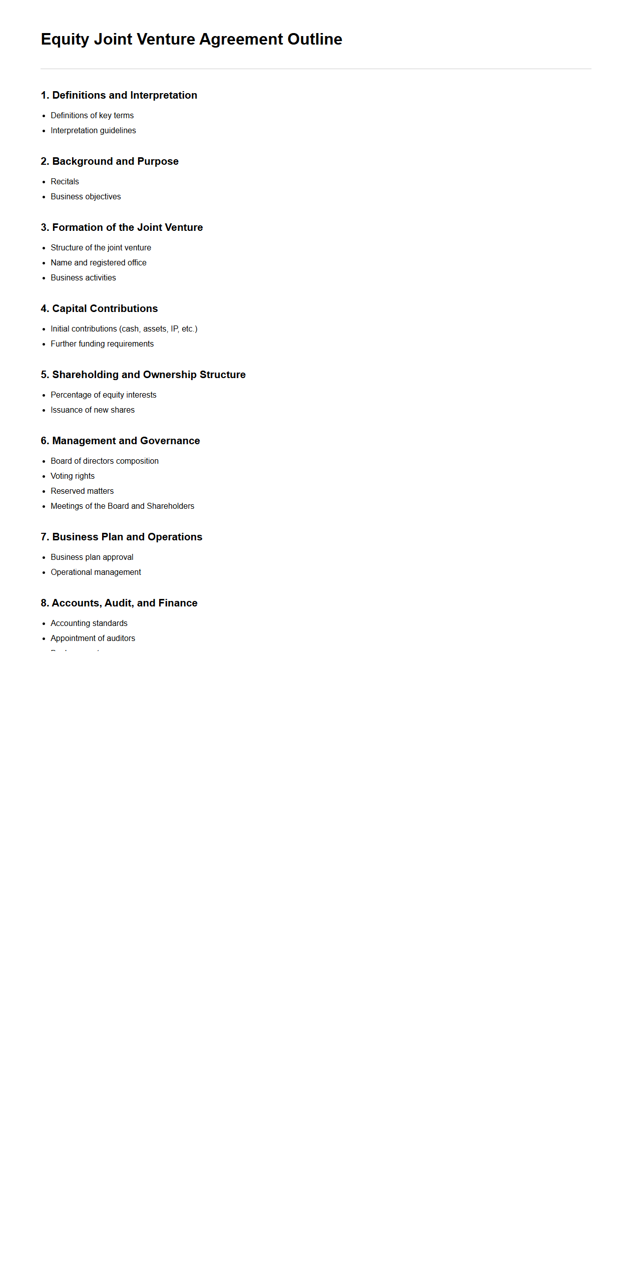 Equity Joint Venture Agreement Outline