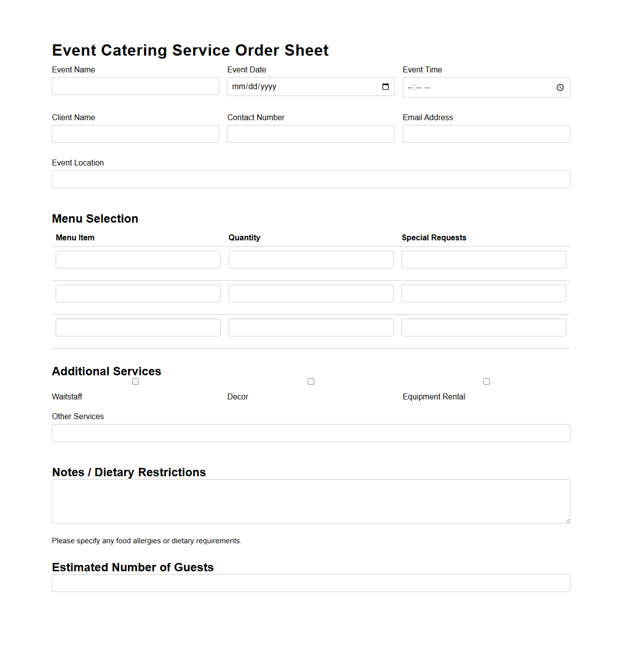 Event Catering Service Order Sheet