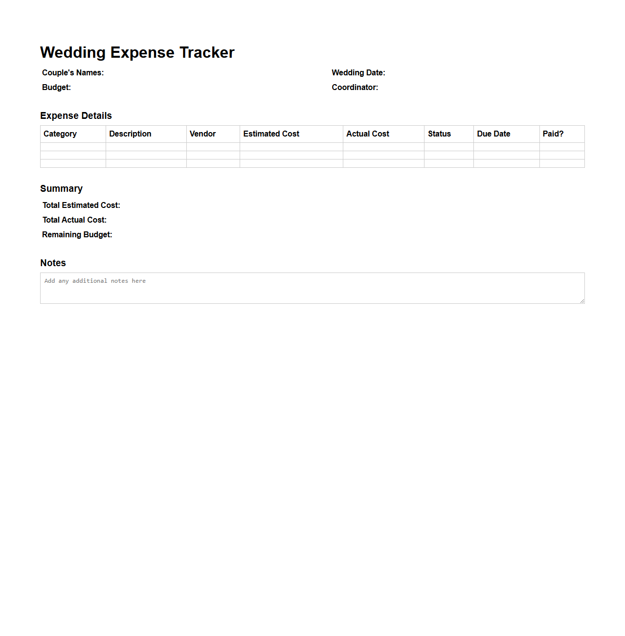 Event Coordinator Wedding Expense Tracker Template