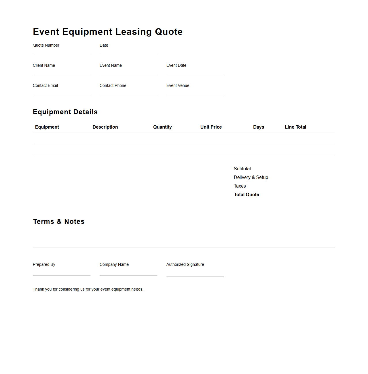Event Equipment Leasing Quote Document
