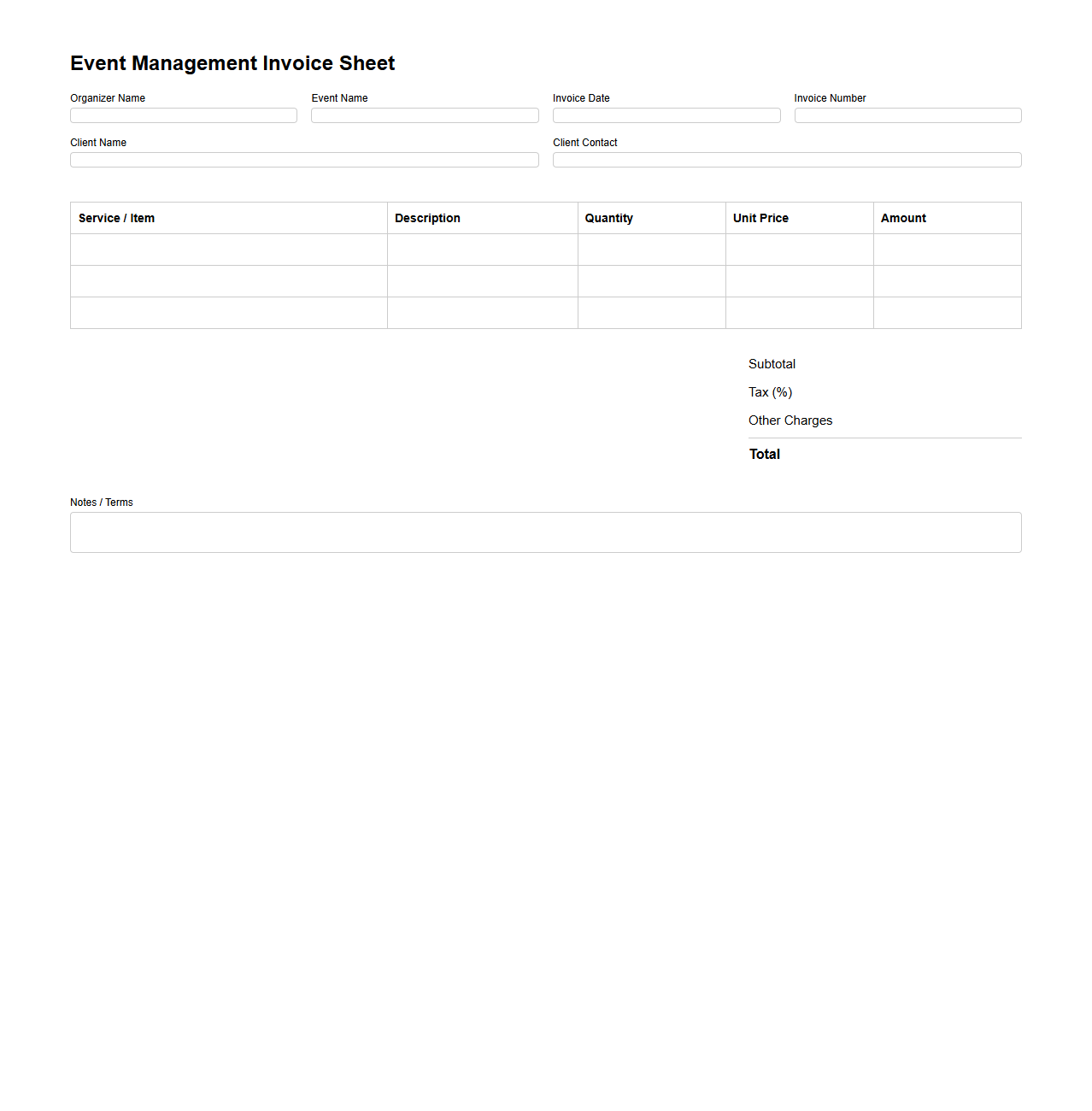 Event Management Invoice Sheet for Organizers
