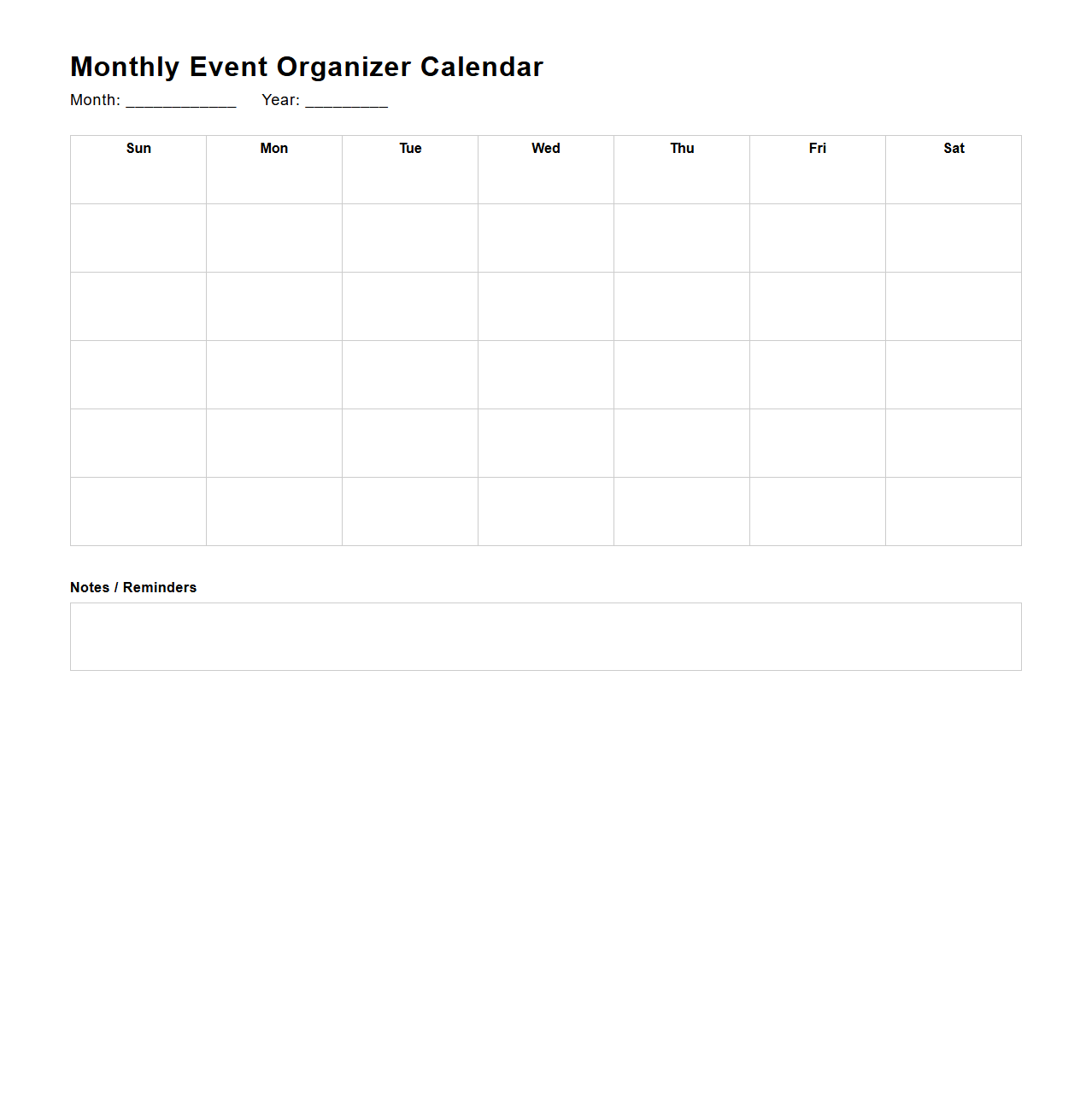 Event Organizer’s Monthly Calendar Template