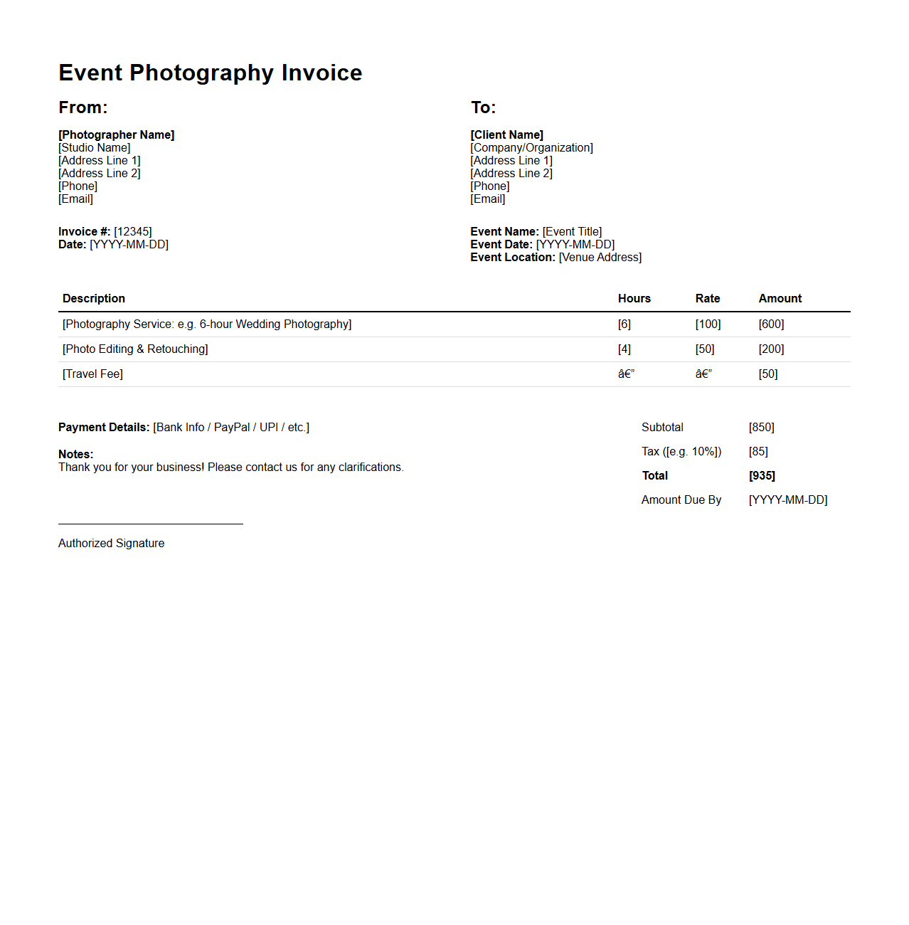 Event Photography Invoice Sample