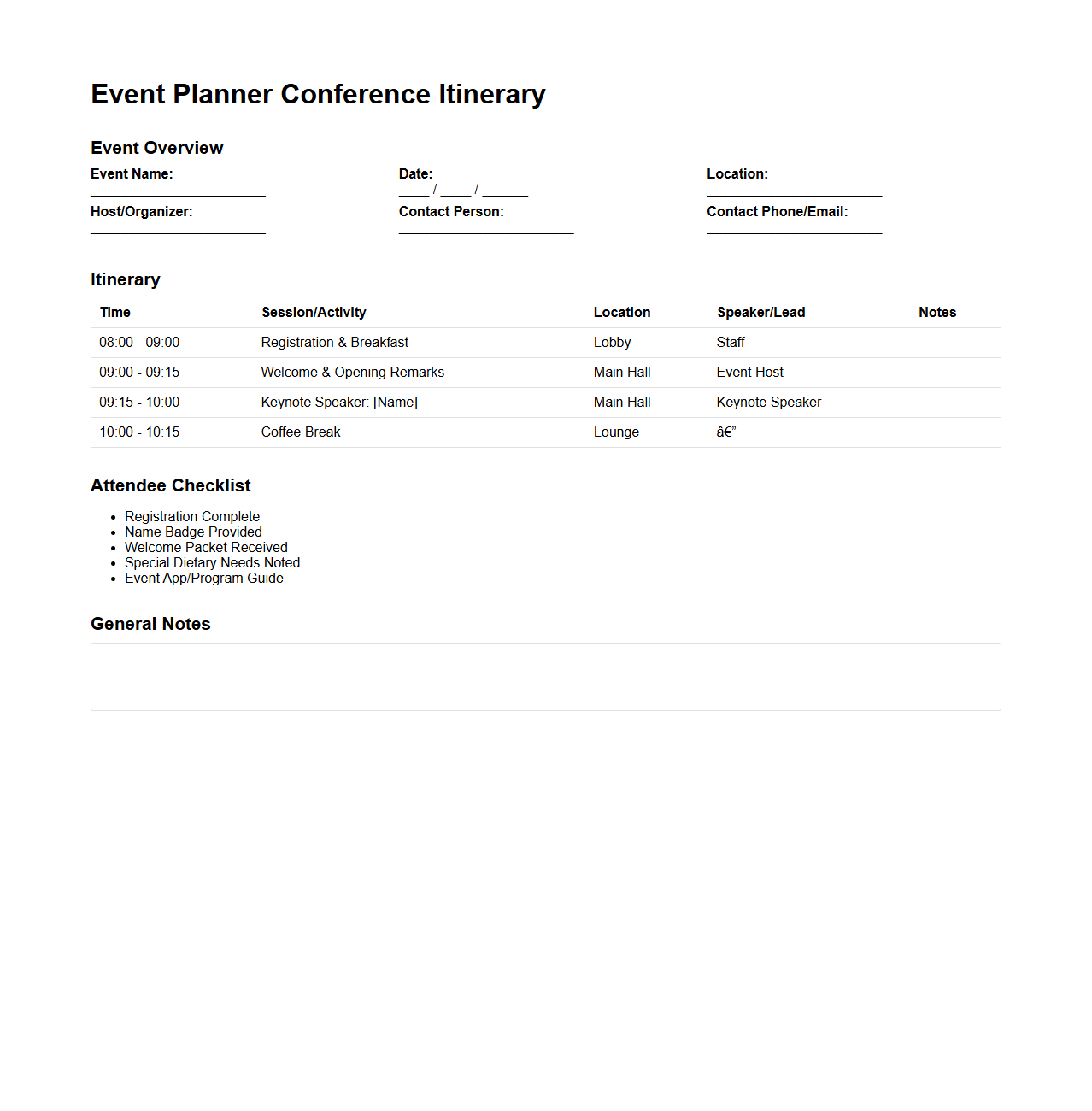 Event Planner Conference Itinerary Template