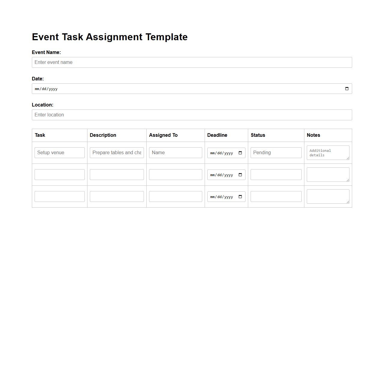 Event Task Assignment Template