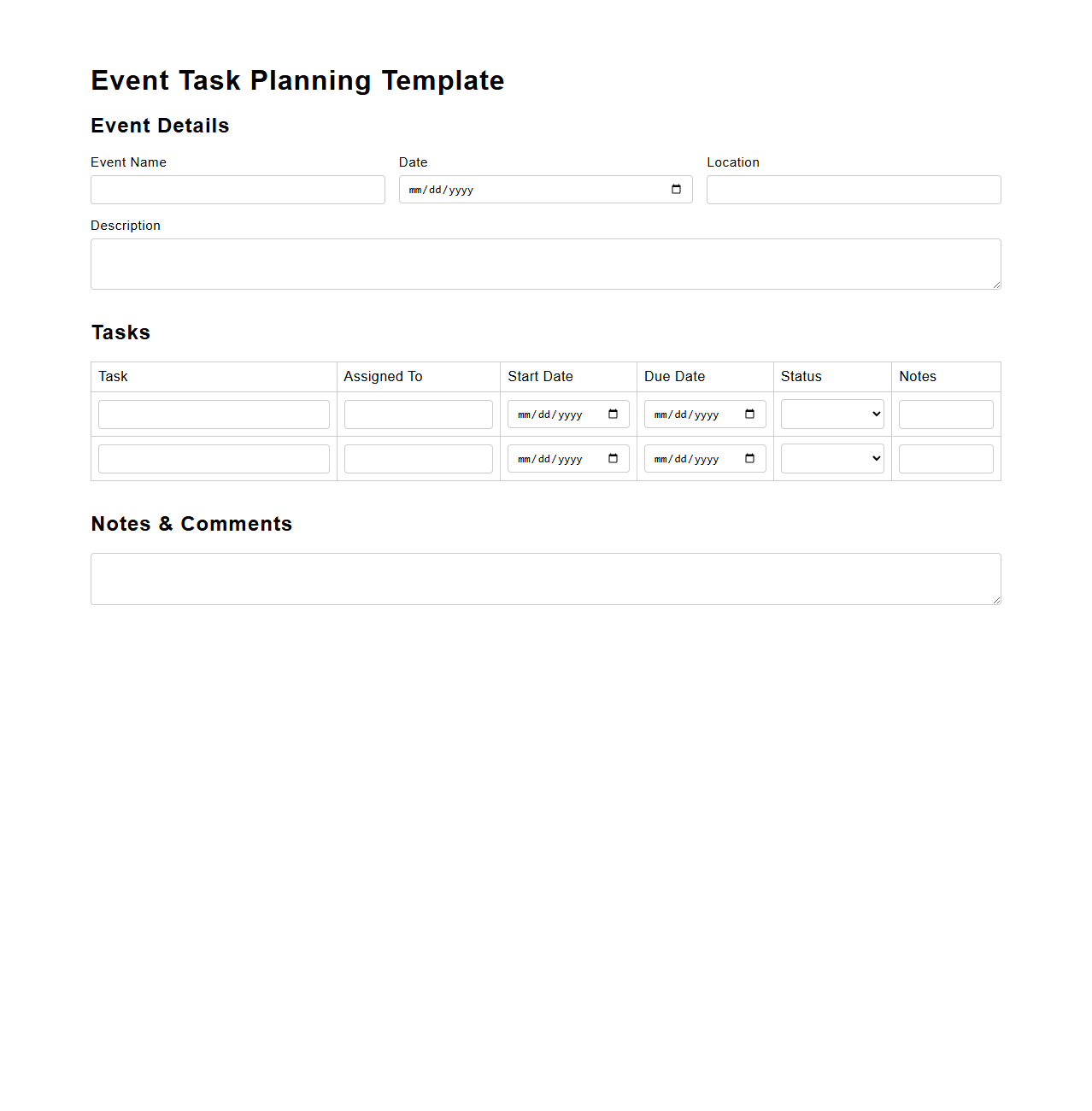Event Task Planning Template