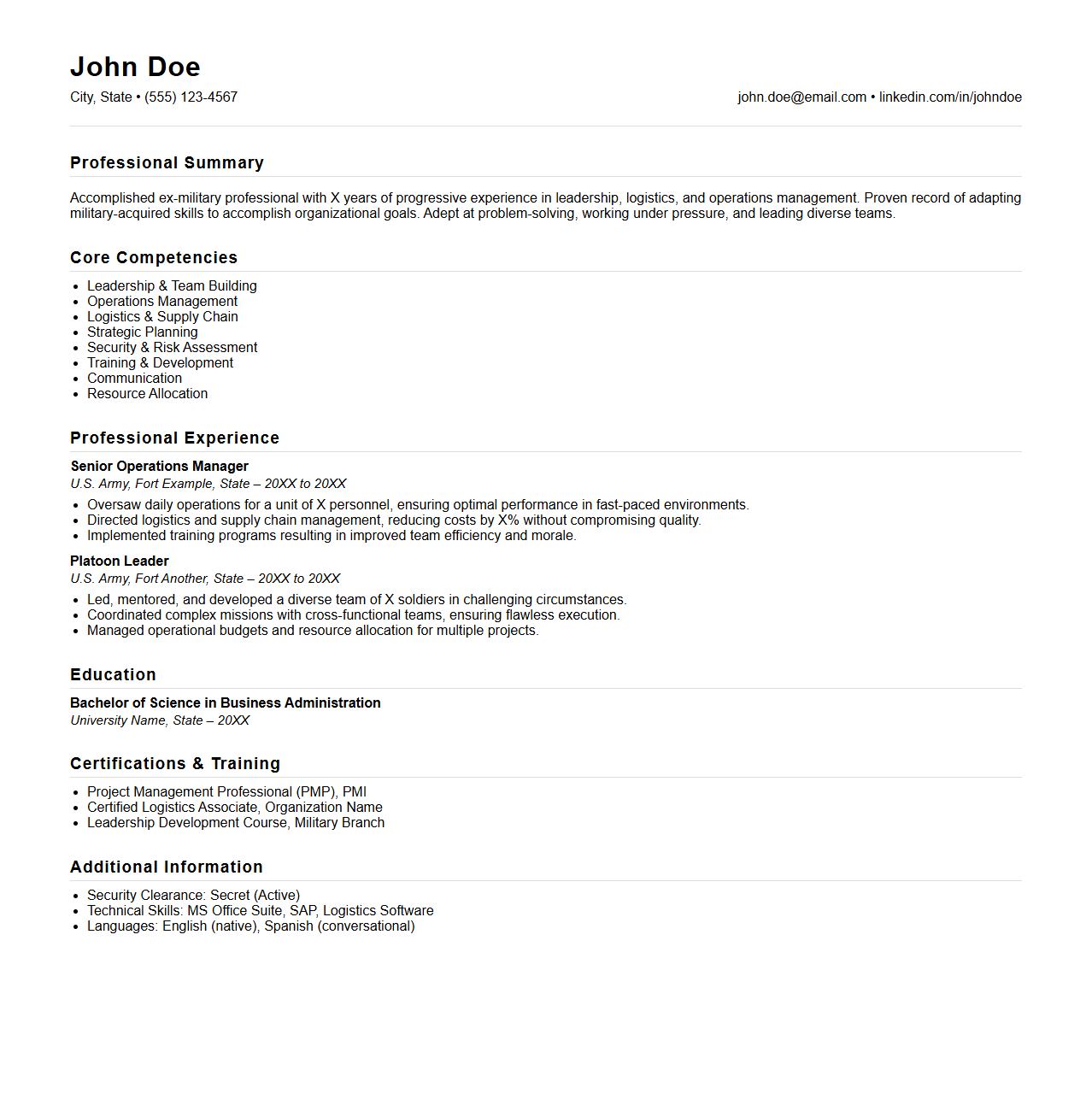 Ex-Military Professional Resume Structure
