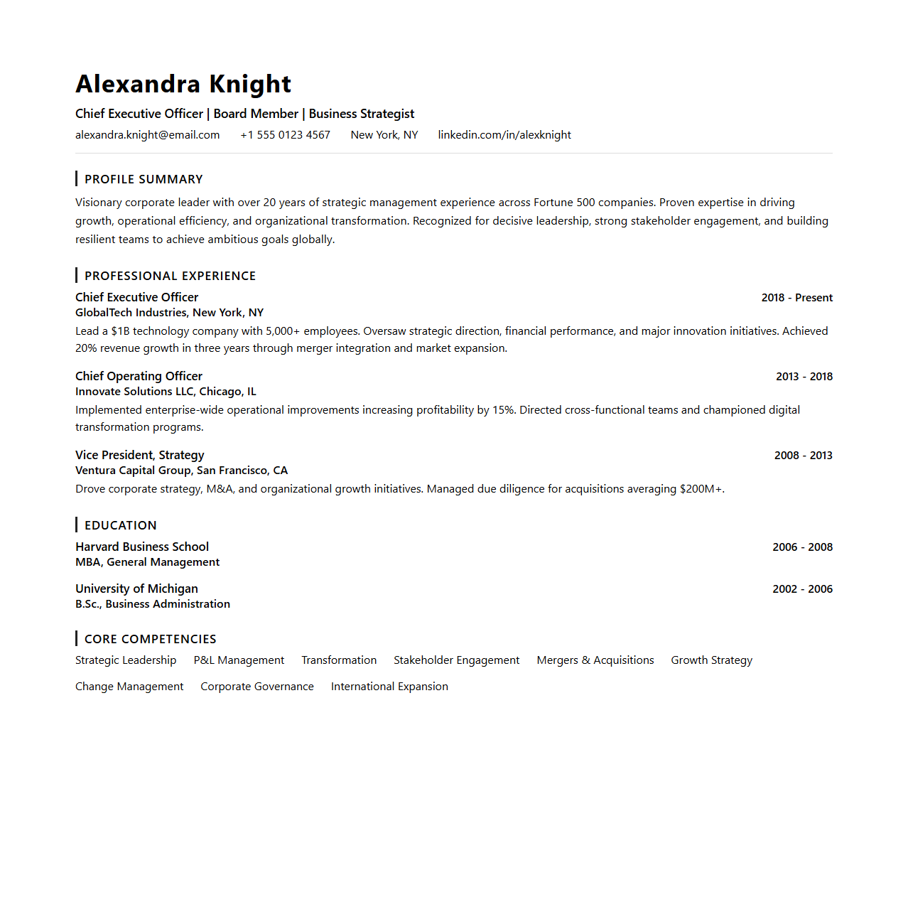 Executive Profile Resume Layout for Corporate Leaders
