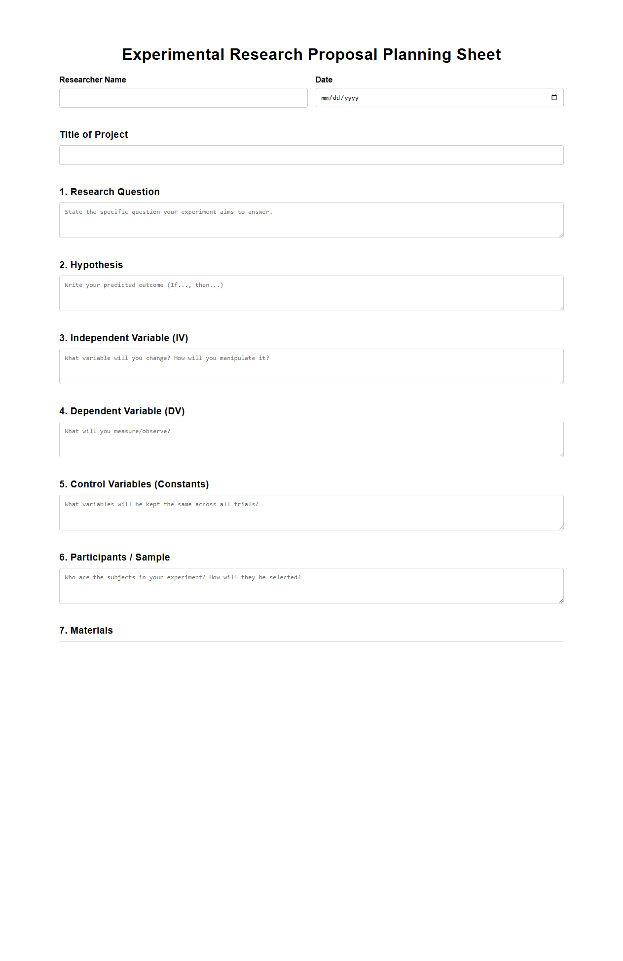 Experimental Research Proposal Planning Sheet