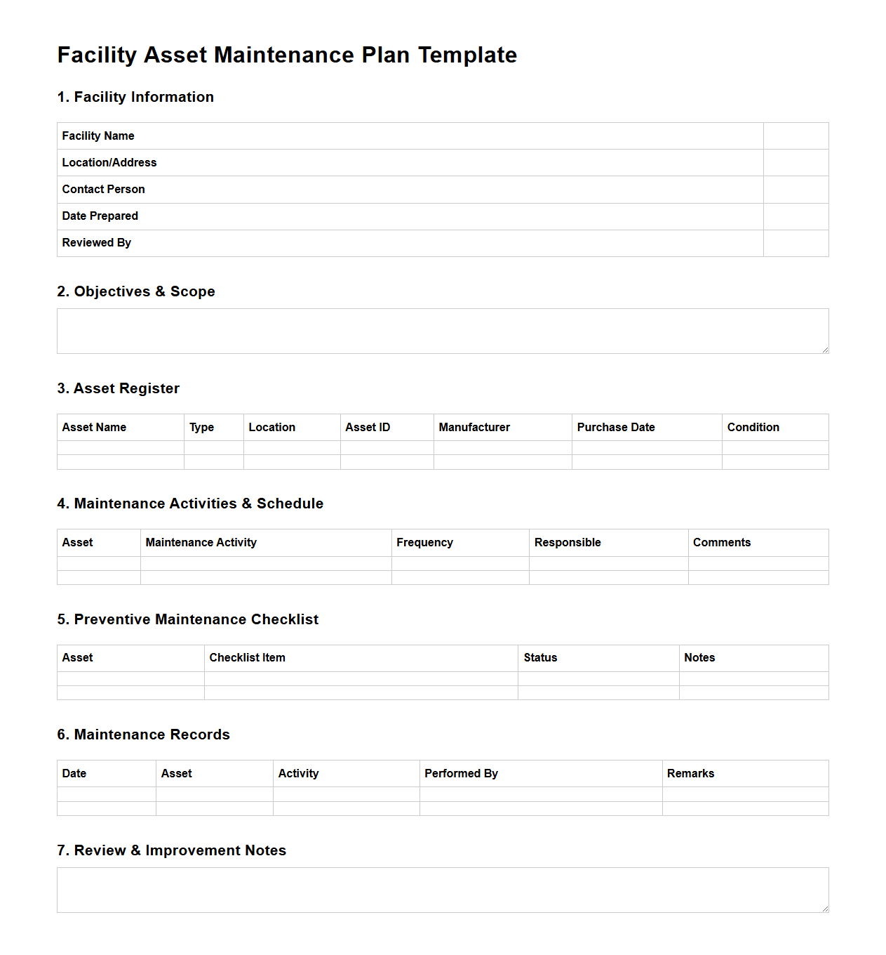 Facility Asset Maintenance Plan Template